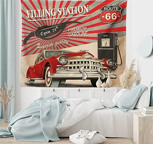 Ambesonne Cars Tapestry, Poster Style Image Gasoline Station Commercial Element Route 66 IllustrationPrint, Fabric Wall Hanging Decor for Bedroom Living Room Dorm, 28" X 23", Vermilion Beige