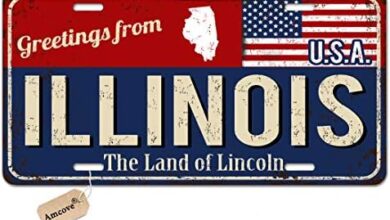 Amcove License Plate Greetings from Illinois Vintage Rusty Metal Sign with American Flag License Plate Aluminum Metal License Plate Car Tag Novelty Home Decoration 6 inch X 12 inch