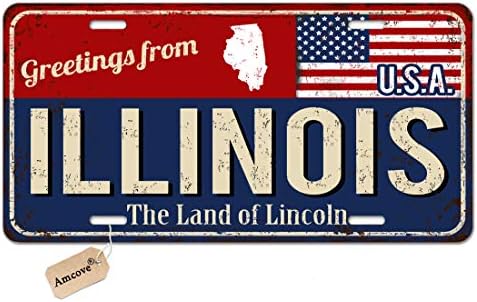 Amcove License Plate Greetings from Illinois Vintage Rusty Metal Sign with American Flag License Plate Aluminum Metal License Plate Car Tag Novelty Home Decoration 6 inch X 12 inch