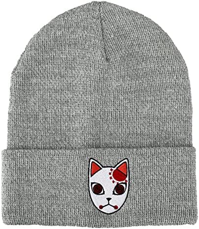 Demon Slayer Tanjiro Fox Mask Athletic Heather Skull Knitted Embroidered Cuffed Winter Beanie