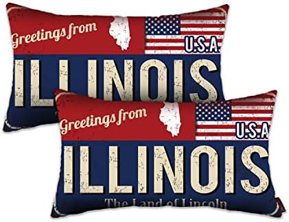 Doraloko Throw Pillow Cover 12x20 Set of 2, Illinois Decor Gift Souvenir, American Flag License Plate Lumbar Pillowcase, Greetings from The Land of Lincoln(IL, USA) - Cushion Case Sham, No Inserts