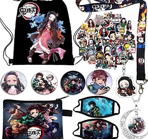 Herstar Demon Slayer Manga Gift Set, 1 Drawstring Bag+2 Face Masks+50 Pcs Cartoon Stickers+1 Necklace+1 keychain+1 Lanyard+4 Button Pins+1 Purse Bag (Black B)