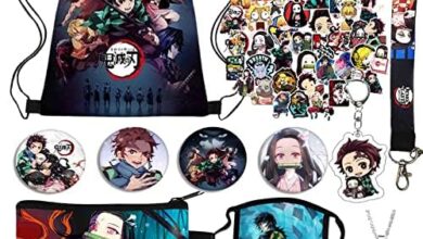 Herstar Demon Slayer Manga Gift Set, Anime Merch Drawstring Bag, Face Masks, Cartoon Stickers, Necklace, Keychain, Lanyard.