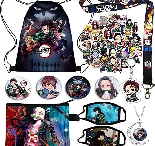 Herstar Demon Slayer Manga Gift Set, Anime Merch Drawstring Bag, Face Masks, Cartoon Stickers, Necklace, Keychain, Lanyard.