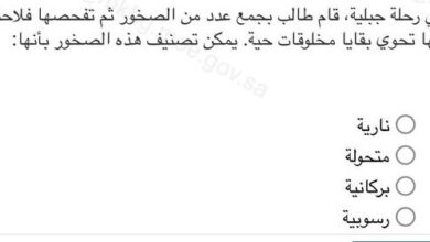 في رحلة جبلية قام طالب بجمع عدد من الصخور ثم تفحصها فلاحظ أنها تحوي بقايا مخلوقات حية. يمكن تصنيف هذه الصخور بأنها :