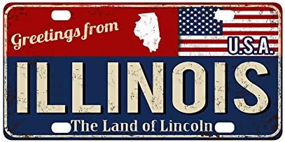 InterestPrint Greetings from Illinois Rusty Metal Sign with American Flag Metal Car License Plate Auto Tag for Woman Man, 12 x 6 Inch