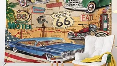 Lunarable Route 66 Tapestry, Old Fashioned Cars Motorcycle on a Map Road Trip Journey American USA Concept, Fabric Wall Hanging Decor for Bedroom Living Room Dorm, 23" X 28", Beige Red