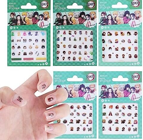 Roffatide Anime Demon Slayer Nail Stickers Decals 5 Sheets 3D Self-Adhesive DIY Nail Art Decoration Set Cute Design Manicure Nails Decoration Accessories for Women Girls