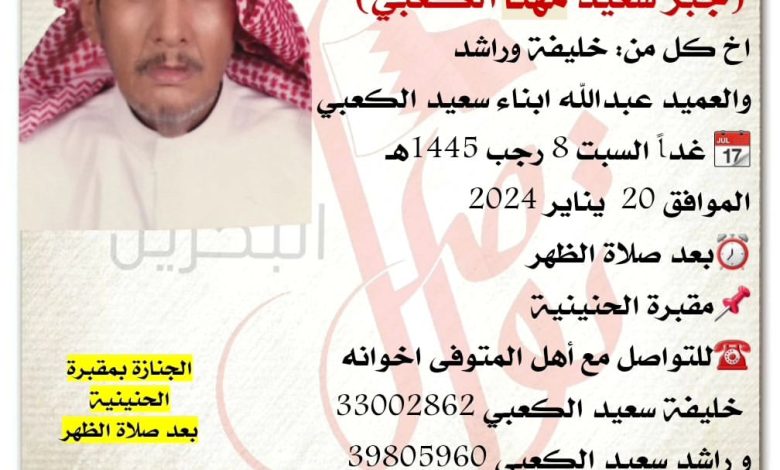 انتقل إلى رحمة الله تعالى
جبر سعيد مهنا الكعبي
اخ كل من: خليفة وراشد
والعميد عبدالله ابناء سعيد الكعبي
