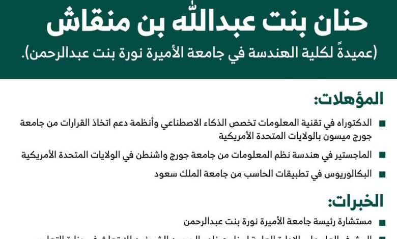 الدكتورة حنان بنت عبدالله بن منقاش ويكيبيديا عميدةً لكلية الهندسة في جامعة