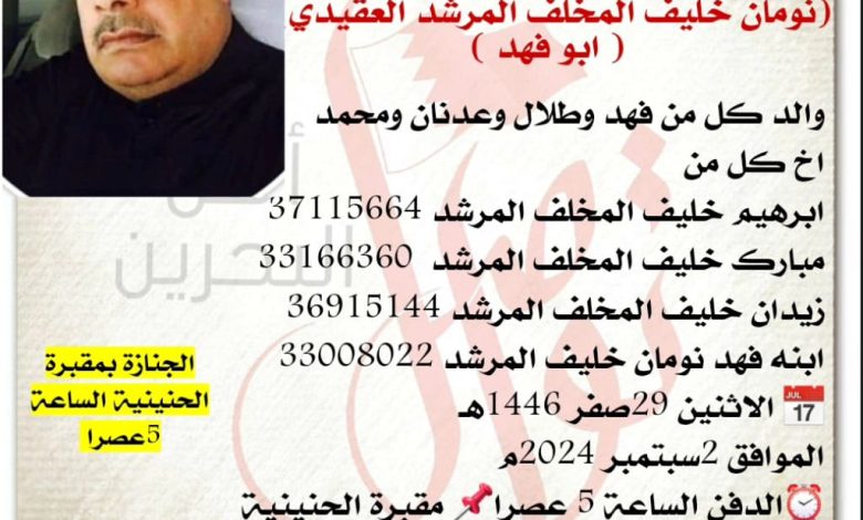انتقل إلى رحمة الله تعالى
نومان خليف المخلف المرشد العقيدي  
  ابو فهد   
والد كل من- فهد- طلال- عدنان- محمد